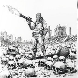 A dramatic black and white drawing depicting a desolate scene where skulls lie scattered on the ground, showcasing a grim atmosphere