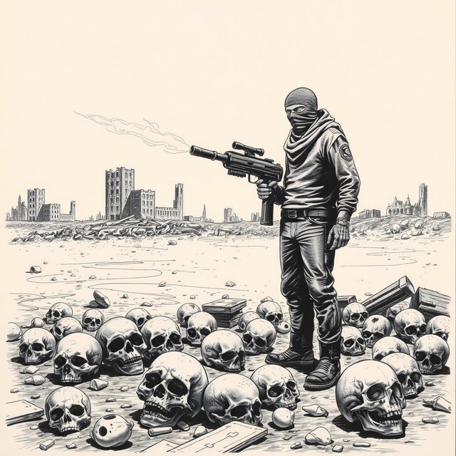 A dramatic black and white drawing depicting a desolate scene where skulls lie scattered on the ground, showcasing a grim atmosphere