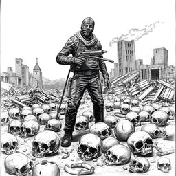A dramatic black and white drawing depicting a desolate scene where skulls lie scattered on the ground, showcasing a grim atmosphere