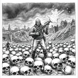 A striking black and white drawing depicting a chaotic scene where skulls are scattered across the ground, symbolizing destruction