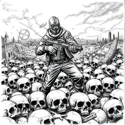 A striking black and white drawing depicting a chaotic scene where skulls are scattered across the ground, symbolizing destruction