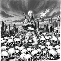 A striking black and white drawing depicting a chaotic scene where skulls are scattered across the ground, symbolizing destruction