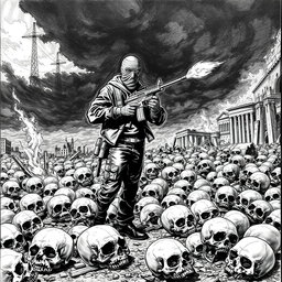A striking black and white drawing depicting a chaotic scene where skulls are scattered across the ground, symbolizing destruction