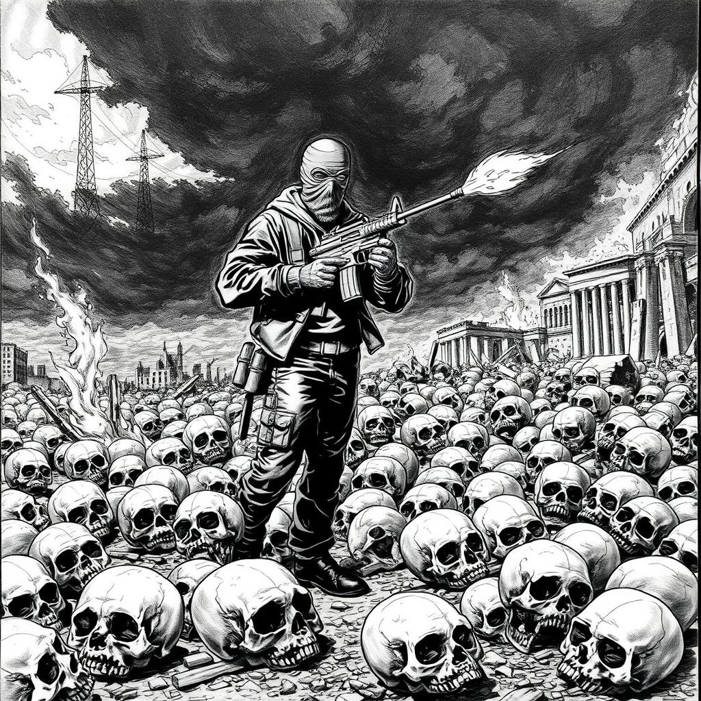A striking black and white drawing depicting a chaotic scene where skulls are scattered across the ground, symbolizing destruction