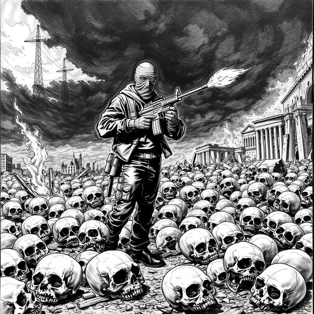 A striking black and white drawing depicting a chaotic scene where skulls are scattered across the ground, symbolizing destruction