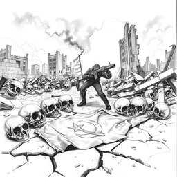 A dramatic black and white drawing depicting a desolate scene with several skulls scattered on the ground, a man wearing a balaclava gripping a flamethrower, amidst the remnants of destroyed buildings in ruins
