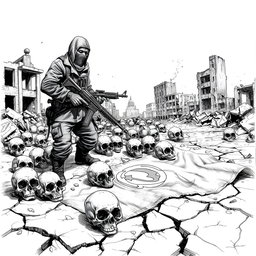 A dramatic black and white drawing depicting a desolate scene with several skulls scattered on the ground, a man wearing a balaclava gripping a flamethrower, amidst the remnants of destroyed buildings in ruins