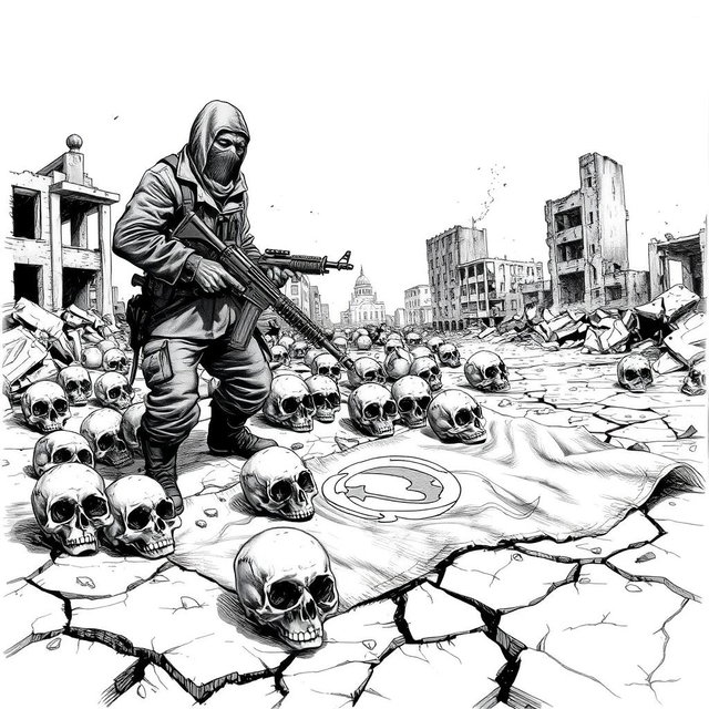 A dramatic black and white drawing depicting a desolate scene with several skulls scattered on the ground, a man wearing a balaclava gripping a flamethrower, amidst the remnants of destroyed buildings in ruins