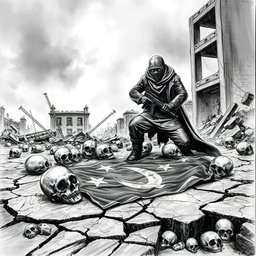 A dramatic black and white drawing depicting a desolate scene with several skulls scattered on the ground, a man wearing a balaclava gripping a flamethrower, amidst the remnants of destroyed buildings in ruins