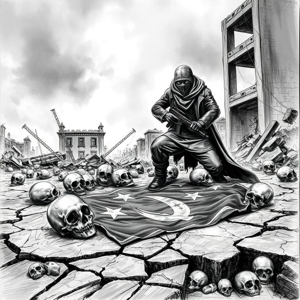 A dramatic black and white drawing depicting a desolate scene with several skulls scattered on the ground, a man wearing a balaclava gripping a flamethrower, amidst the remnants of destroyed buildings in ruins