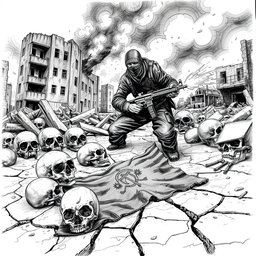 A dramatic black and white drawing depicting a desolate scene with several skulls scattered on the ground, a man wearing a balaclava gripping a flamethrower, amidst the remnants of destroyed buildings in ruins
