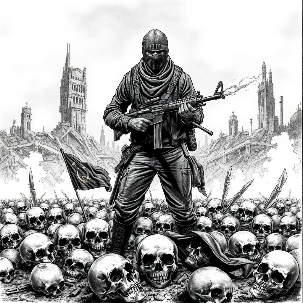 A detailed black and white drawing showcasing a stark scene filled with skulls scattered across the ground, symbolizing destruction