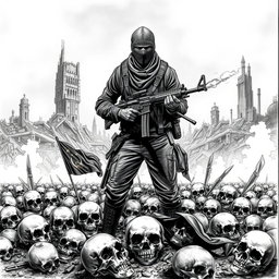 A detailed black and white drawing showcasing a stark scene filled with skulls scattered across the ground, symbolizing destruction