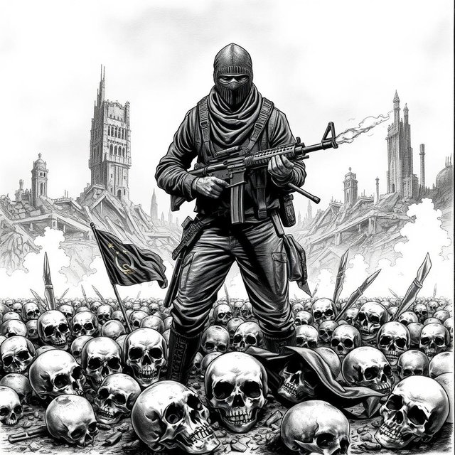 A detailed black and white drawing showcasing a stark scene filled with skulls scattered across the ground, symbolizing destruction
