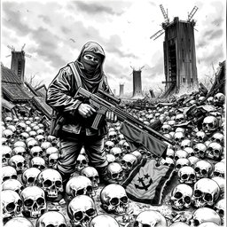 A detailed black and white drawing showcasing a stark scene filled with skulls scattered across the ground, symbolizing destruction