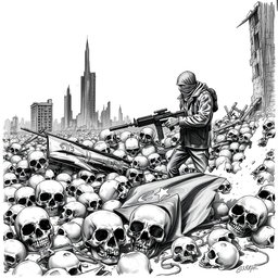 A detailed black and white drawing showcasing a stark scene filled with skulls scattered across the ground, symbolizing destruction