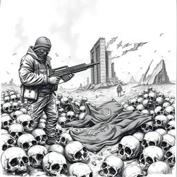 A detailed black and white drawing showcasing a stark scene filled with skulls scattered across the ground, symbolizing destruction