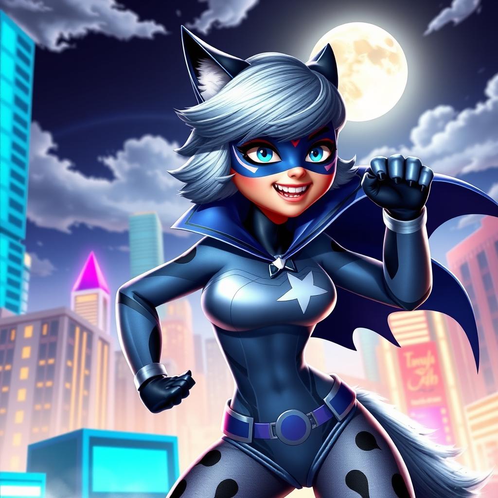 A dynamic and heroic female character with wolf-like features, dressed in a vibrant superhero outfit inspired by the style of Miraculous Ladybug