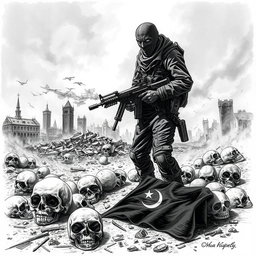 A dramatic black and white drawing depicting a desolate scene with skulls scattered on the ground