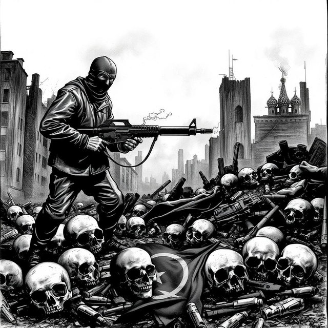 A dramatic black and white drawing depicting a desolate scene with skulls scattered on the ground