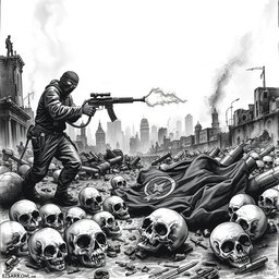 A dramatic black and white drawing depicting a desolate scene with skulls scattered on the ground