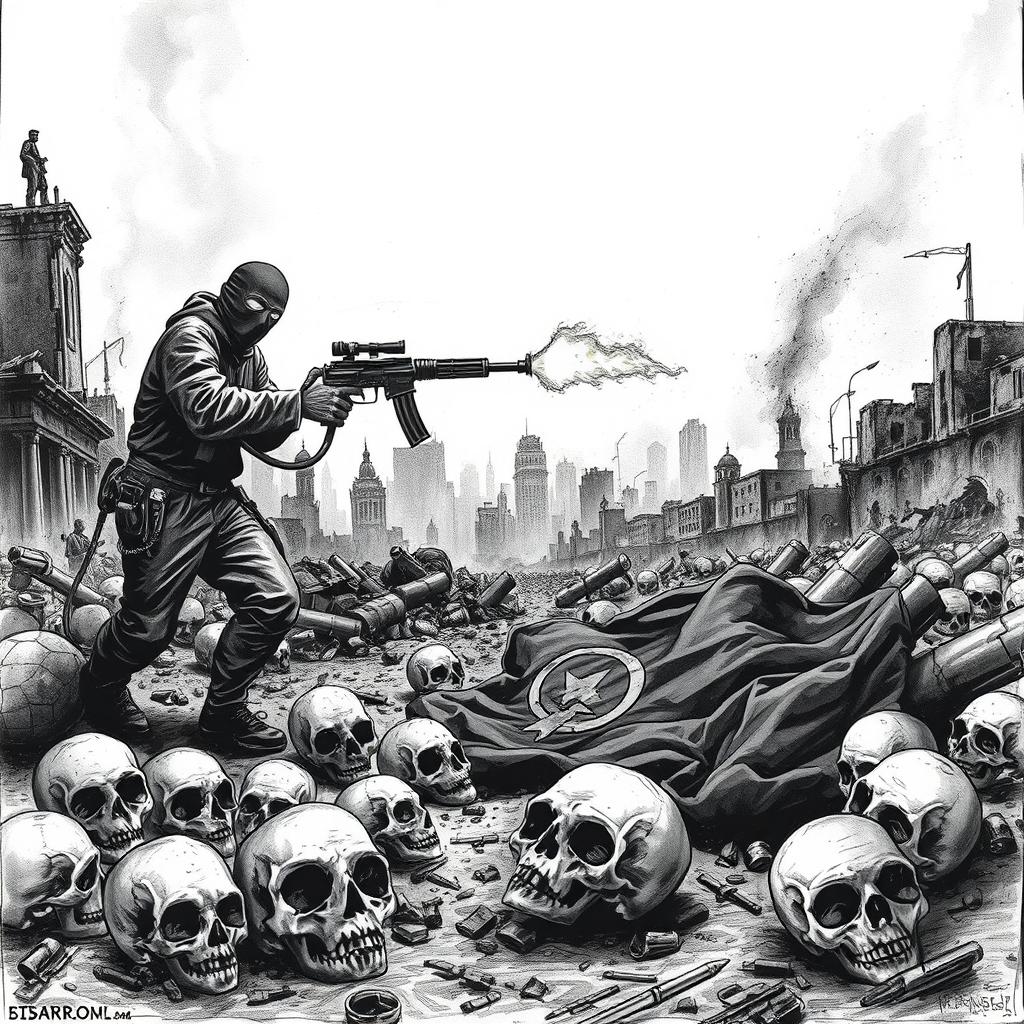 A dramatic black and white drawing depicting a desolate scene with skulls scattered on the ground