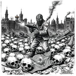 A dramatic black and white drawing depicting a desolate scene with skulls scattered on the ground