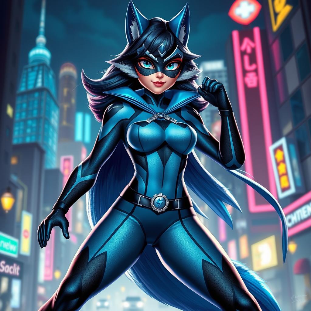 A striking female superhero with wolf characteristics, inspired by the style of Miraculous Ladybug