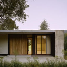 Front view of a dream house on one floor, aesthetically balanced with wood and cement, creatively blending vintage and modern elements