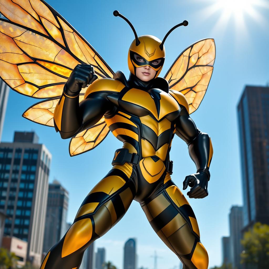 A dynamic and powerful superhero bee character with a sleek, vibrant costume that incorporates yellow and black stripes, resembling a traditional bee