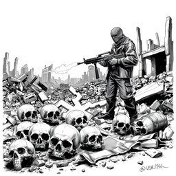 A dramatic black and white drawing featuring a scene of desolation