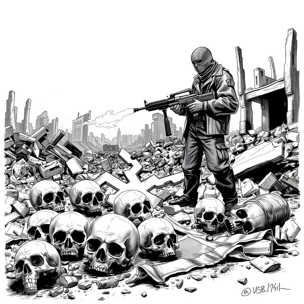 A dramatic black and white drawing featuring a scene of desolation