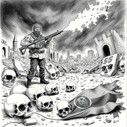 A dramatic black and white drawing featuring a scene of desolation