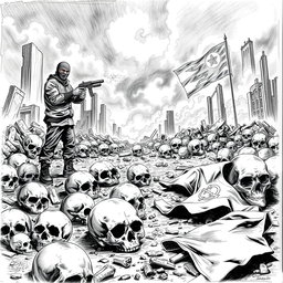 A dramatic black and white drawing featuring a scene of desolation