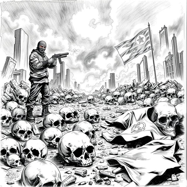 A dramatic black and white drawing featuring a scene of desolation