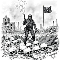 A dramatic black and white drawing featuring a scene of desolation