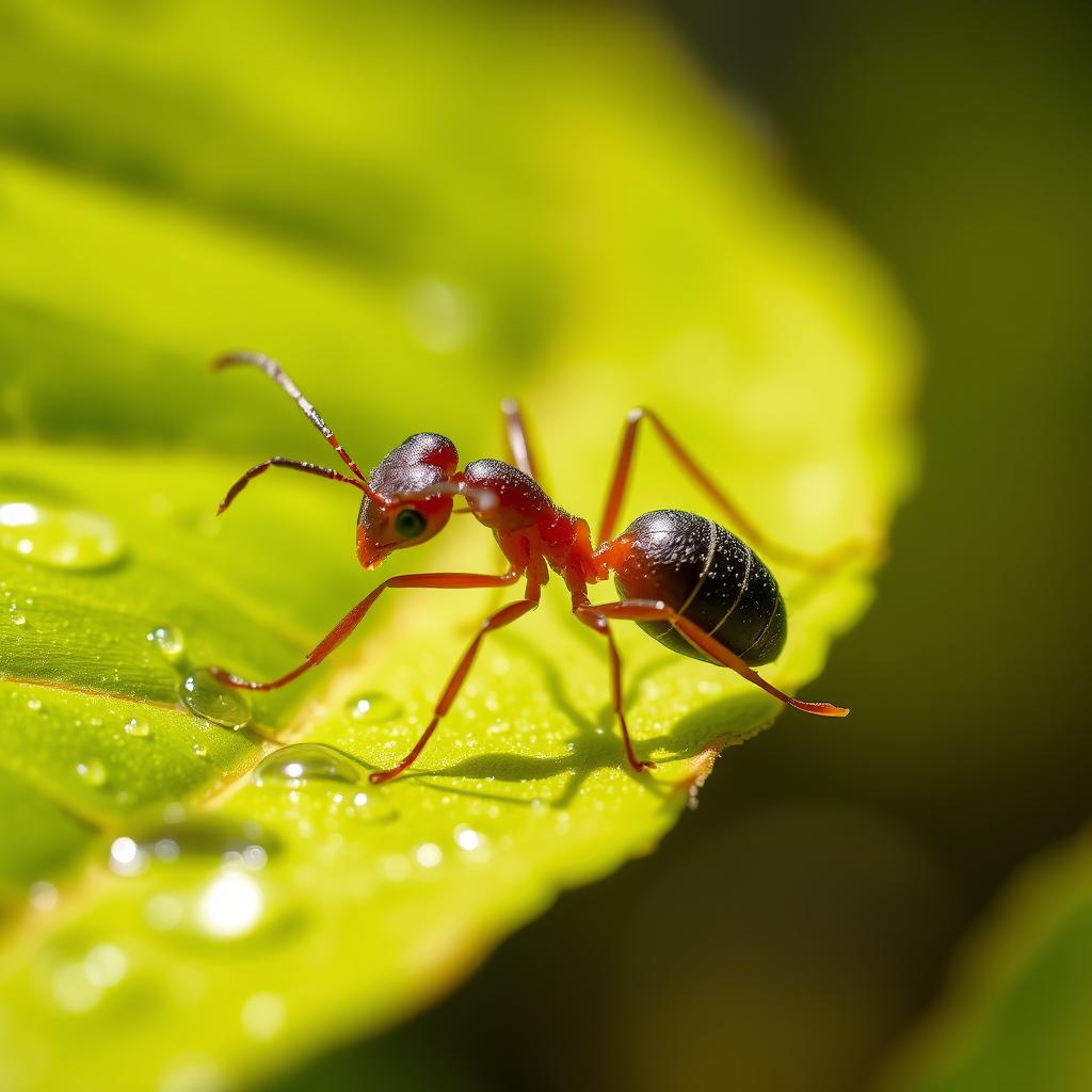 A realistic close-up of an ant, showcasing its intricate details such as the segmented body, antennae, and tiny legs