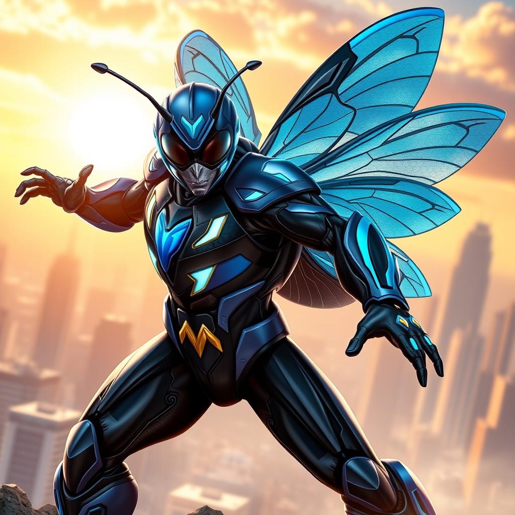 A superhero bee in the style of Blue Beetle, featuring a sleek, armored design inspired by insect anatomy