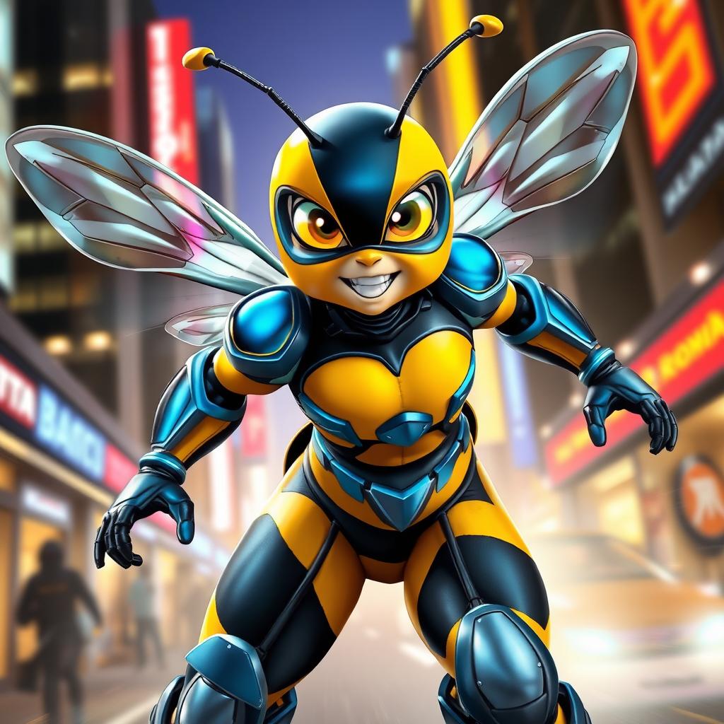 A dynamic superhero bee character inspired by the Blue Beetle style, featuring vibrant yellow and black striped body with metallic blue armor accents