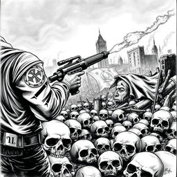A detailed black and white drawing featuring an ominous scene with numerous skulls scattered across the ground