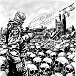 A detailed black and white drawing featuring an ominous scene with numerous skulls scattered across the ground