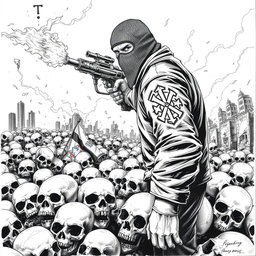 A detailed black and white drawing featuring an ominous scene with numerous skulls scattered across the ground