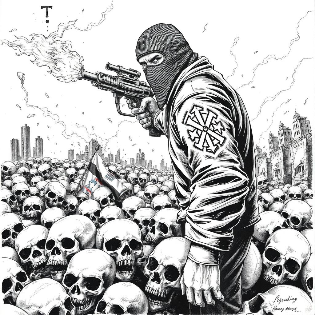 A detailed black and white drawing featuring an ominous scene with numerous skulls scattered across the ground