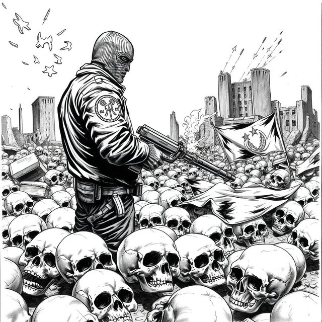 A detailed black and white drawing featuring an ominous scene with numerous skulls scattered across the ground