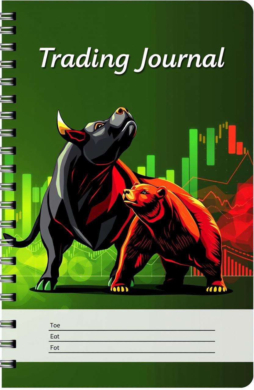 A sleek and modern trading journal cover featuring a vibrant artistic representation of a bull and a bear, symbolizing market dynamics