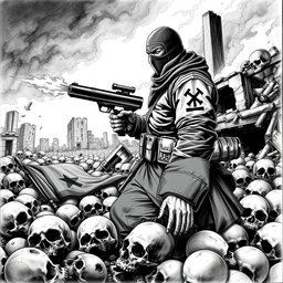 A dramatic black and white drawing featuring a chaotic scene where skulls are scattered across the ground