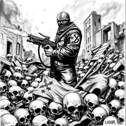 A dramatic black and white drawing featuring a chaotic scene where skulls are scattered across the ground