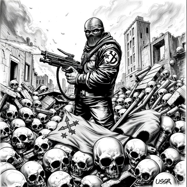 A dramatic black and white drawing featuring a chaotic scene where skulls are scattered across the ground
