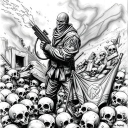 A dramatic black and white drawing featuring a chaotic scene where skulls are scattered across the ground