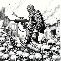 A dramatic black and white drawing featuring a chaotic scene where skulls are scattered across the ground